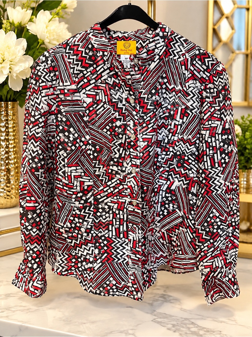Ruby Rd. Red Black White Geometric Button-Down Shirt